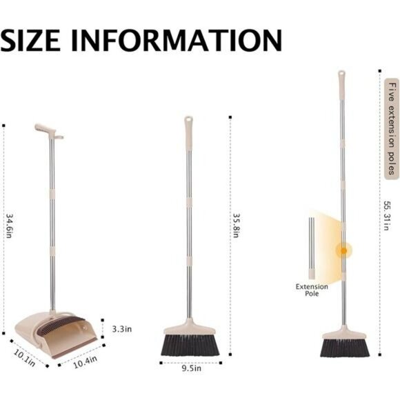 Long Handle Broom and Dustpan Set Upright Stand Pet Hair Kitchen Floor Cleaner - Picture 2 of 7